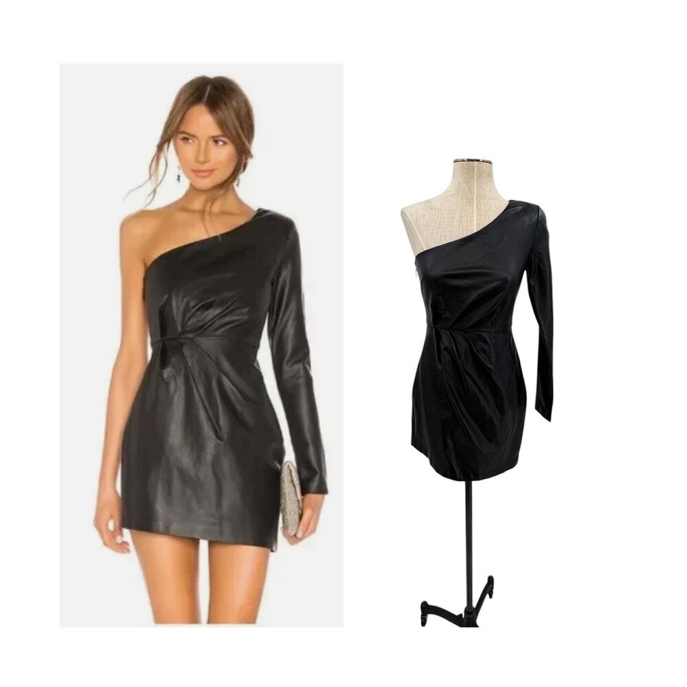 NBD Senia One Shoulder Faux Leather Mini Dress Black Long Sleeve XXS NWT